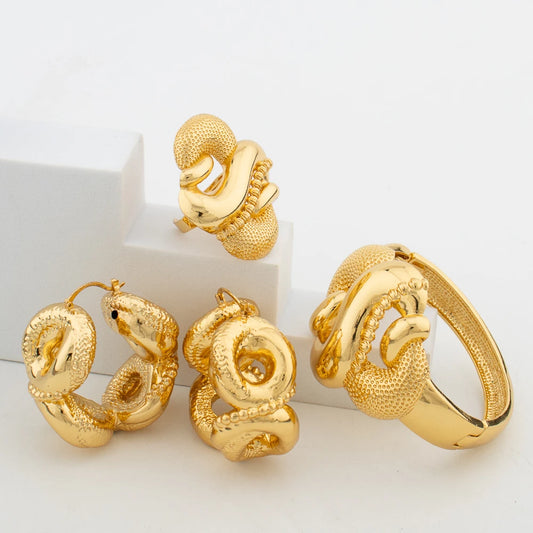 Hoop Earrings and Bangle Ring Jewelry Set for African 18k Gold Color Dangle Earrings Weddings Bridal Earrings Bangle Jewelry Set