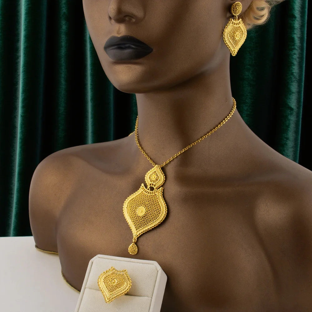 Nigerian Jewelery Set Dubai 24K Gold Color Necklace Earrings Ring Jewlery Bridal Banquet Wedding Jewelry Set Accessories
