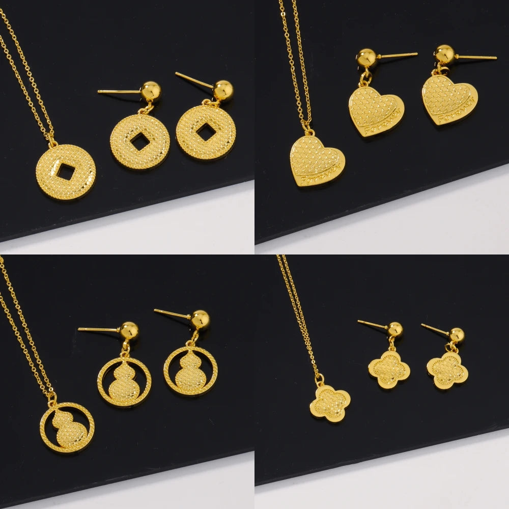 Pretty Girl Gold Color Trendy Four Jewelry Set Delicacy Earrings Clavicle Chain Set Shine Pendant Apply to Party Wedding Gift