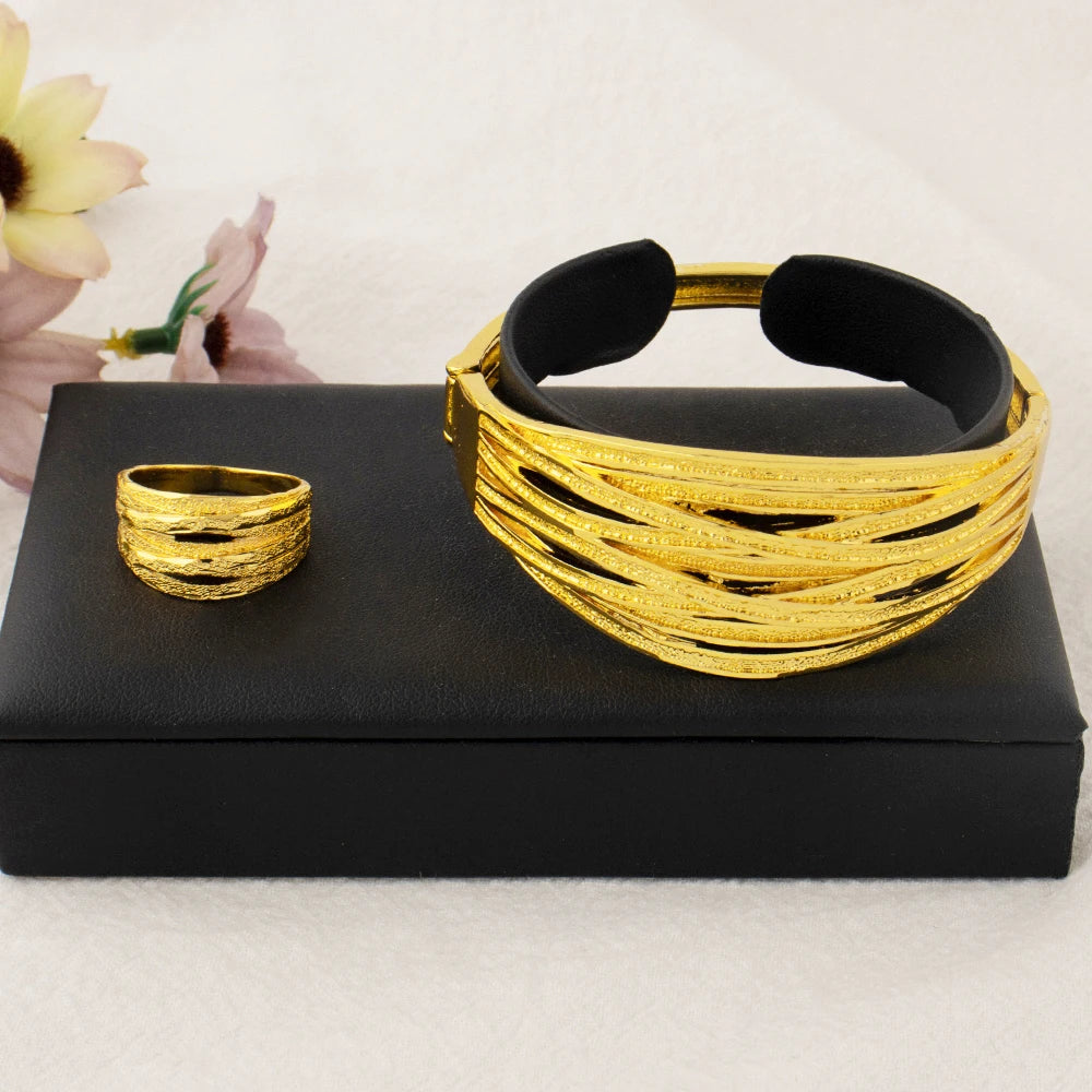 YM Copper Women Bangle Rings Gold Plated Dubai America Geometric Aesthetic Jewelry Set For Fashion Party Jewelry Gifts Wholesale