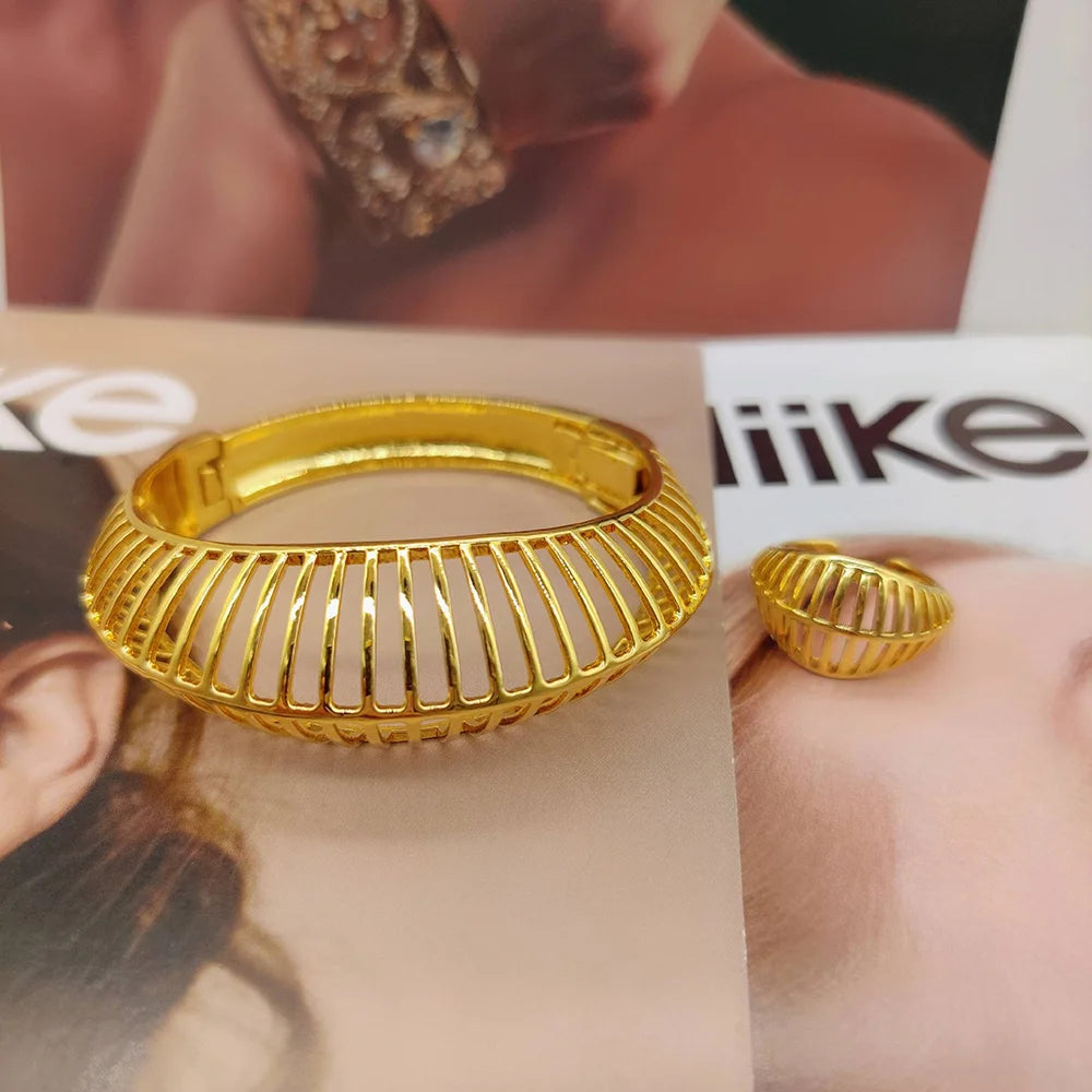 Trend Gold Color Bangle with Ring Set for Engagement Hollow Out Design Hand Bangle with Ring 2Pcs Set Brazilian Jewelry Set Gift