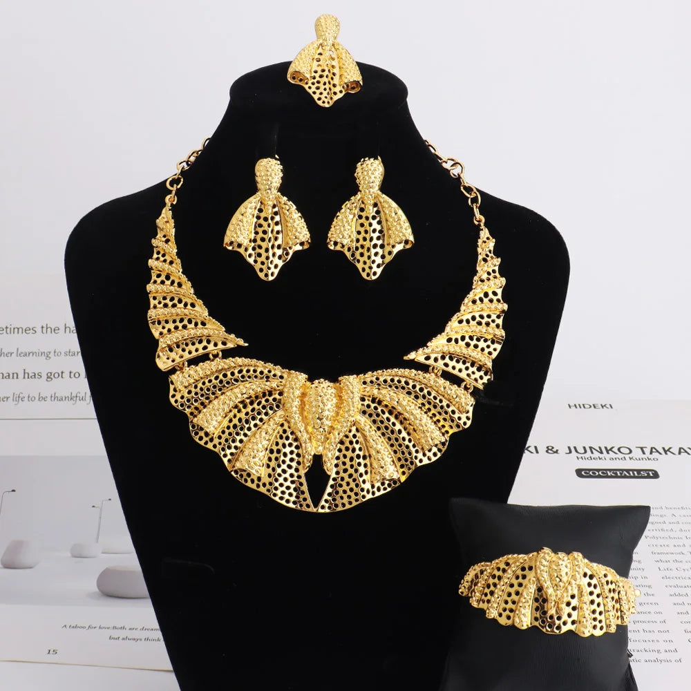 18k Gold Plated Inspired Women Jewelry Necklace Earrings Bracelet Rings Set for Nigeria Lagos Fashion Exotic Skin Friendly