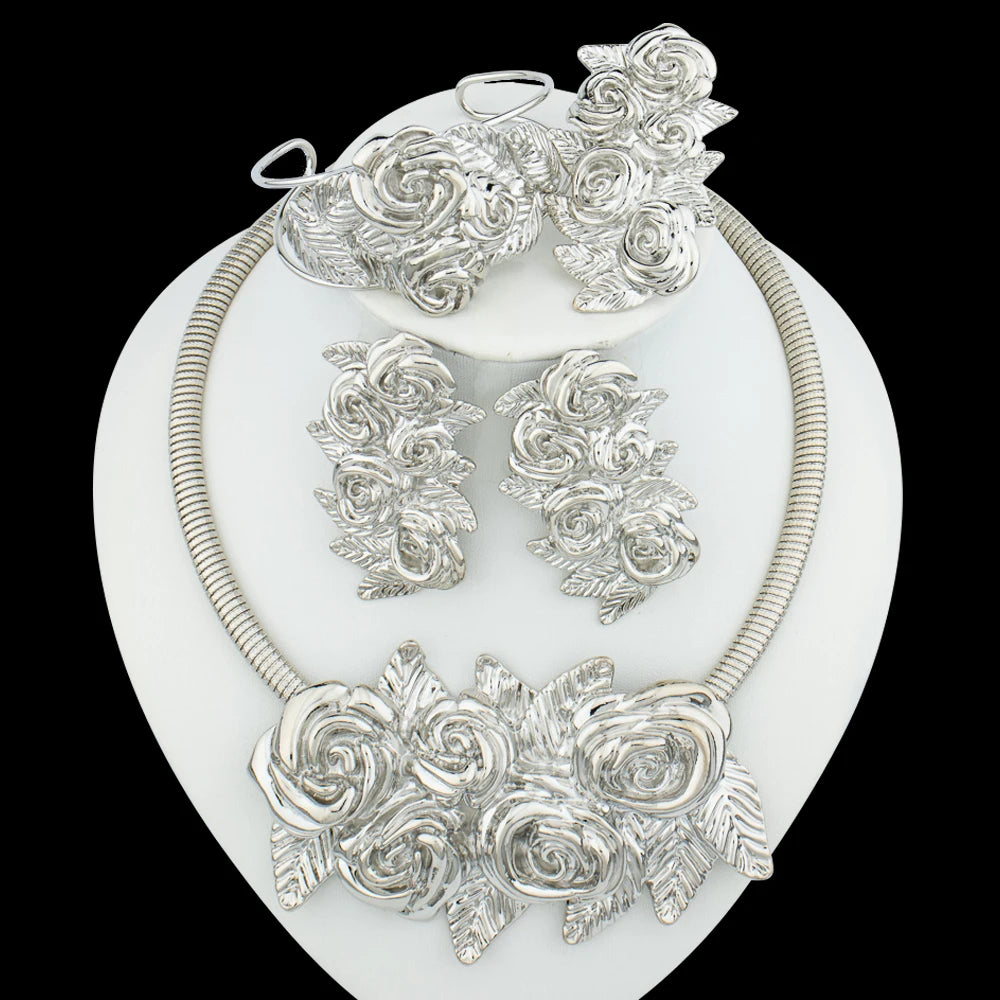 Dubai Gold Plated Jewelry Set Exaggerate Rose Pendant and Earrings Large Necklace Weddings Bridal Jewelry Set Gifts for Women