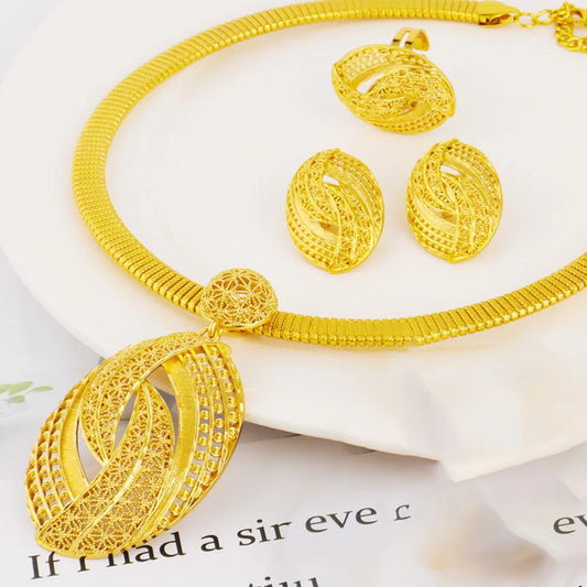 Gold plated Copper Jewelry Set India Dubai Gold Jewelry Nigerian Jewelery Set Wedding Jewelry Bridal Necklace Earring Ring Gift