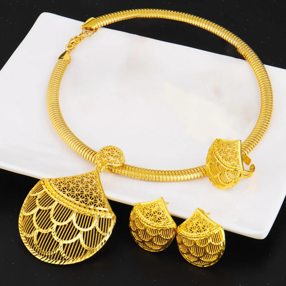 Conjunto de 3 collares, pendientes y anillos de acero inoxidable para mujer, diseño vintage, joyería para fiestas, bodas y regalos para novias nigerianas.