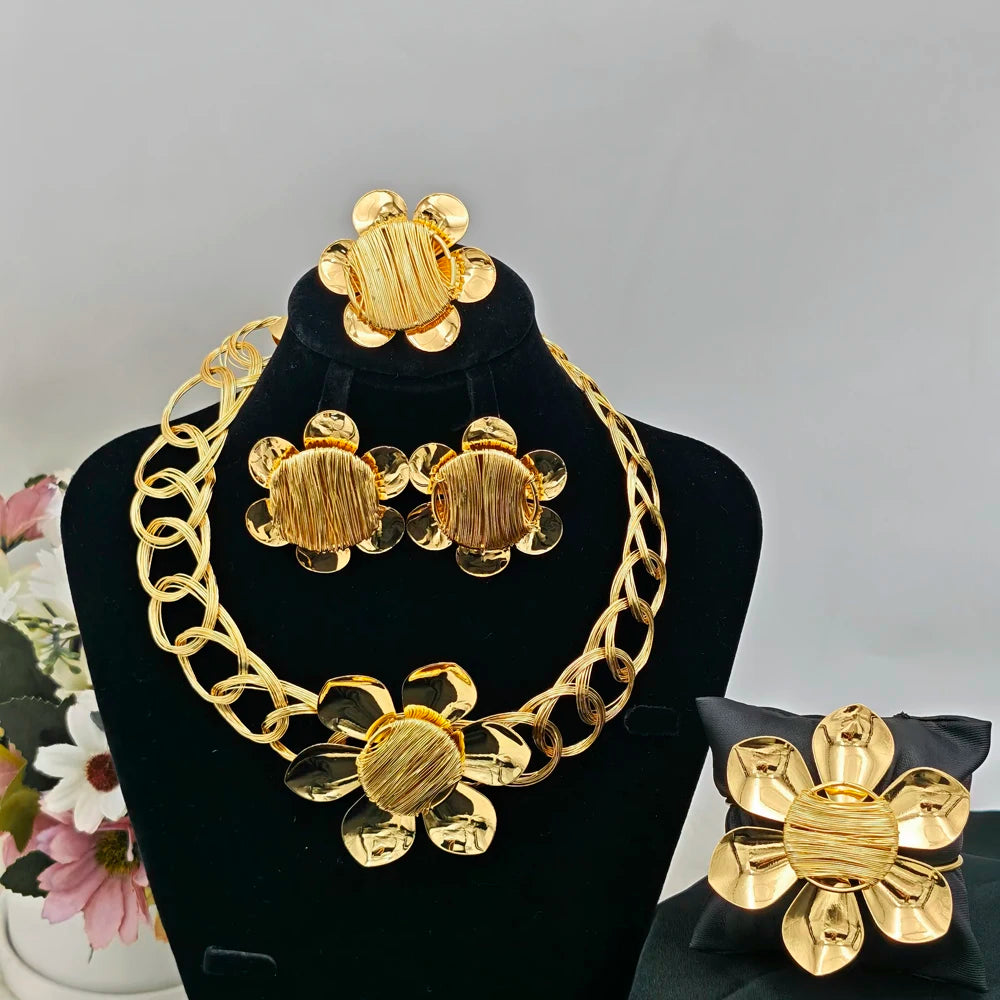 4pcs-Tone Flower Jewelry Set Necklace Earrings Ring Bracelet for Women Wedding Party Earring Set Chic Jewellery Woman Gift