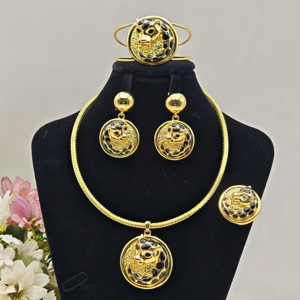Dubai Gold Plated 4pcs Jewelry Sets for Women Luxury Earrings Nigeria Bangles Leopard Ring and Necklace Party Easter Gift titk