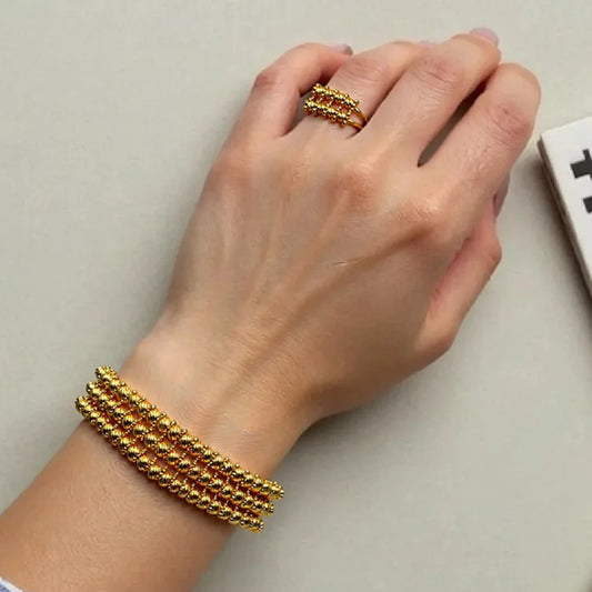 Gold Color Classic Bangle with Ring African Fashion Gold Plated Charms Jewelry Set for Women Luxury Wedding Bracelet Ring Set