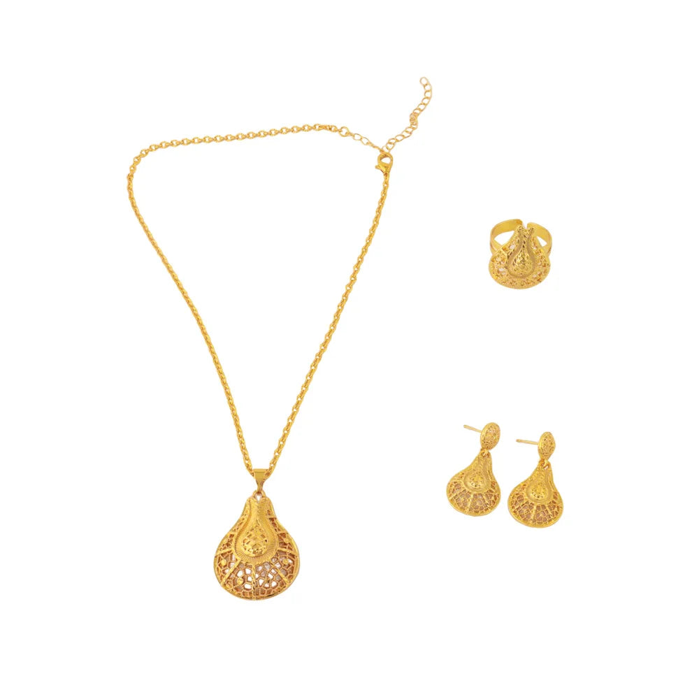 Dubai Bridal Gold Jewelry Set for Women, Middle-East Costume Necklace Earrings, Indian Wedding Party Gift, Luxe Statement Bridal