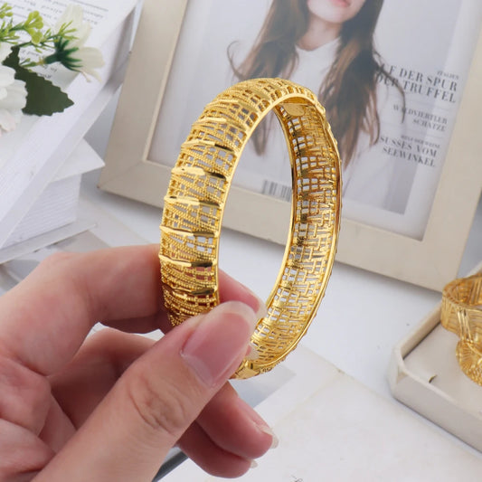 Dubai Turkish Italian Gold Plated Bangles for Women Middle East Hollow out Jewelry Set Wedding Accessory Bridal Jewelry Gifts