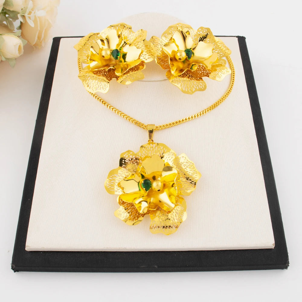 Arab Zircon Collection Women Jewelry Nigeria Luxury Flower Shape Earrings Gold Color Necklace For Party Wedding Wholesale
