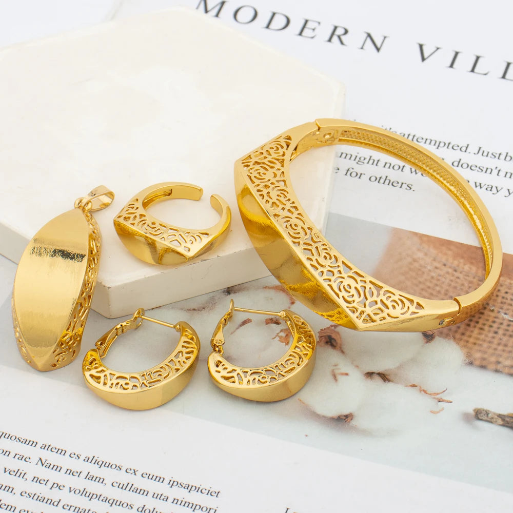 Fashion Women Jewelry Set for Party Pendant Necklace and Hoop Earrings Gold Color Copper Bridal Necklace Jewelry Accessories