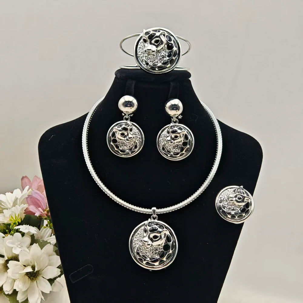 Dubai Gold Plated 4pcs Jewelry Sets for Women Luxury Earrings Nigeria Bangles Leopard Ring and Necklace Party Easter Gift titk