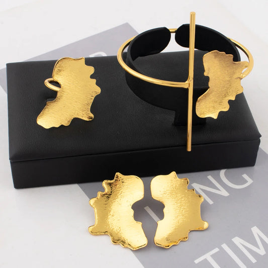 Elegant African Gold-Tone Bridal Wedding Gift Jewelry Set for Women Clip Earrings Cuff & Ring