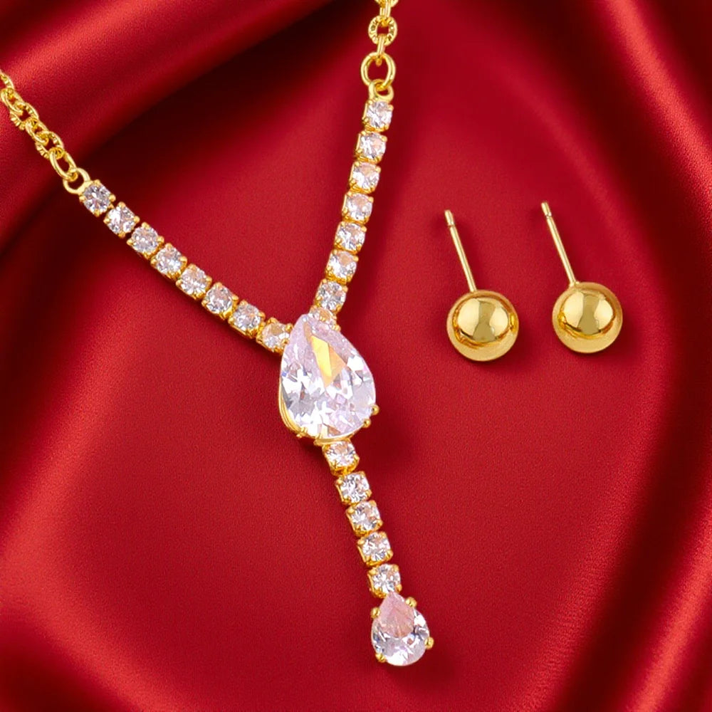Full of Rhinestones 18K Gold Plated Stainless Steel Earrings Necklace New Trendy Zircon Jewelry Simple Wedding Jewelry