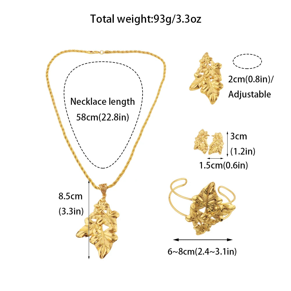 Saudi Arabia Gold Color Jewelry Set Ethiopia Women Luxury Long Chain Leaf Shape Earring Bangle Ring For Party Dating Gift