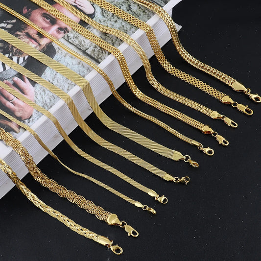 Stainless Steel Flat Necklace Gold Color Waterproof Golden Plated Snake Chains Necklaces No Fade Jewelry Accessories Gift