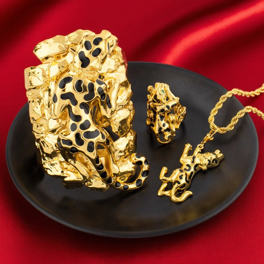 Women Luxury Gold Color Chunky Leopard Ring Bangle Pendant Jewelry Set femme Vintage Wedding Jewelry Gifts Wholesale