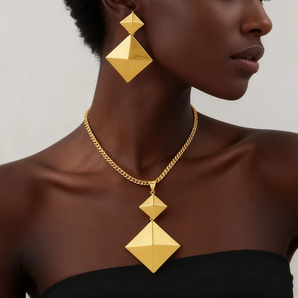 316L stainless steel gold color jewelry set women Fashion Personality Simple Rhombus necklaces earrings wedding party gift