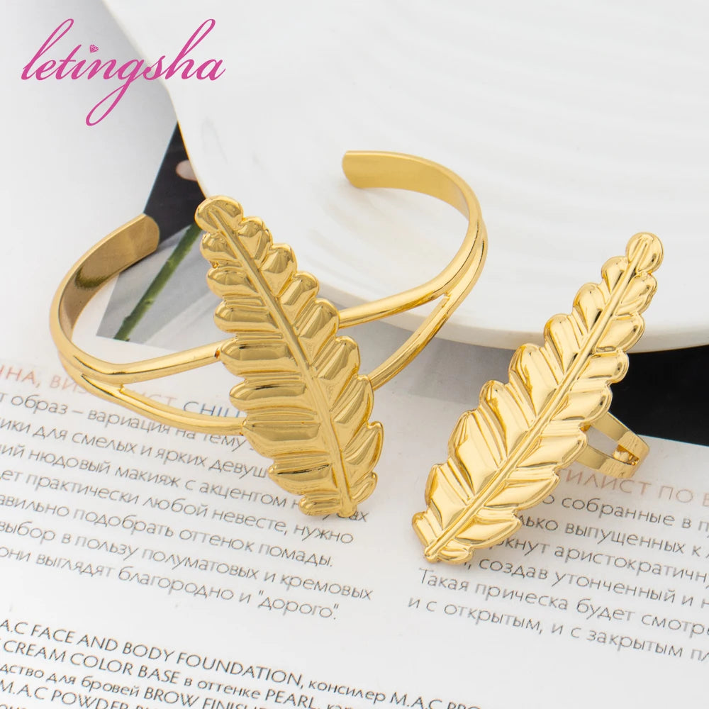 Fashion Jewelry New Design Cuff Bangle Bracelet Ring Dubai African Luxury Gold Color Jewelry Set for Ladies Wedding Party Gifts