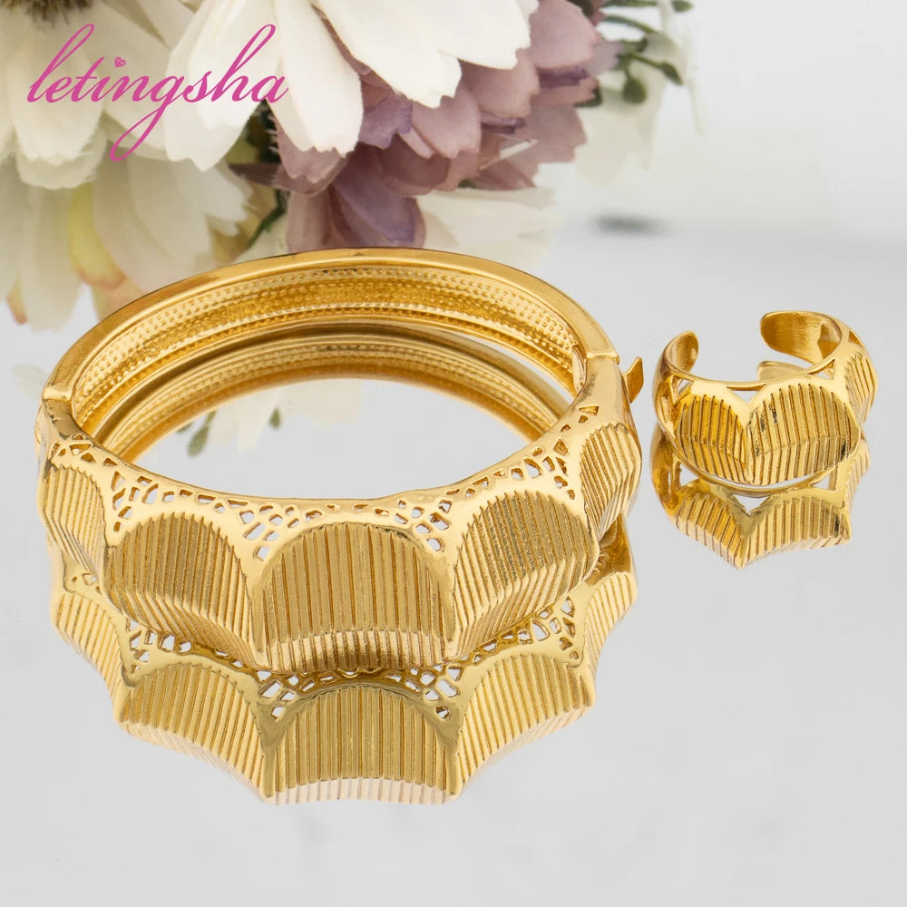 Newest Fashion Bangle Ring 2Pcs Set for Ladies Gold Color Stainless Jewellery Ethiopian Daily Wear Bracelets Rings Jewelry Set