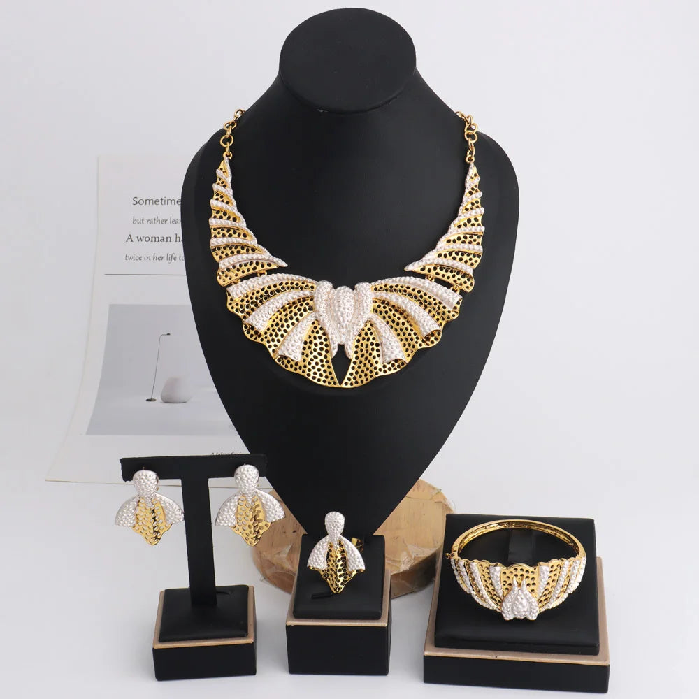 18k Gold Plated Inspired Women Jewelry Necklace Earrings Bracelet Rings Set for Nigeria Lagos Fashion Exotic Skin Friendly