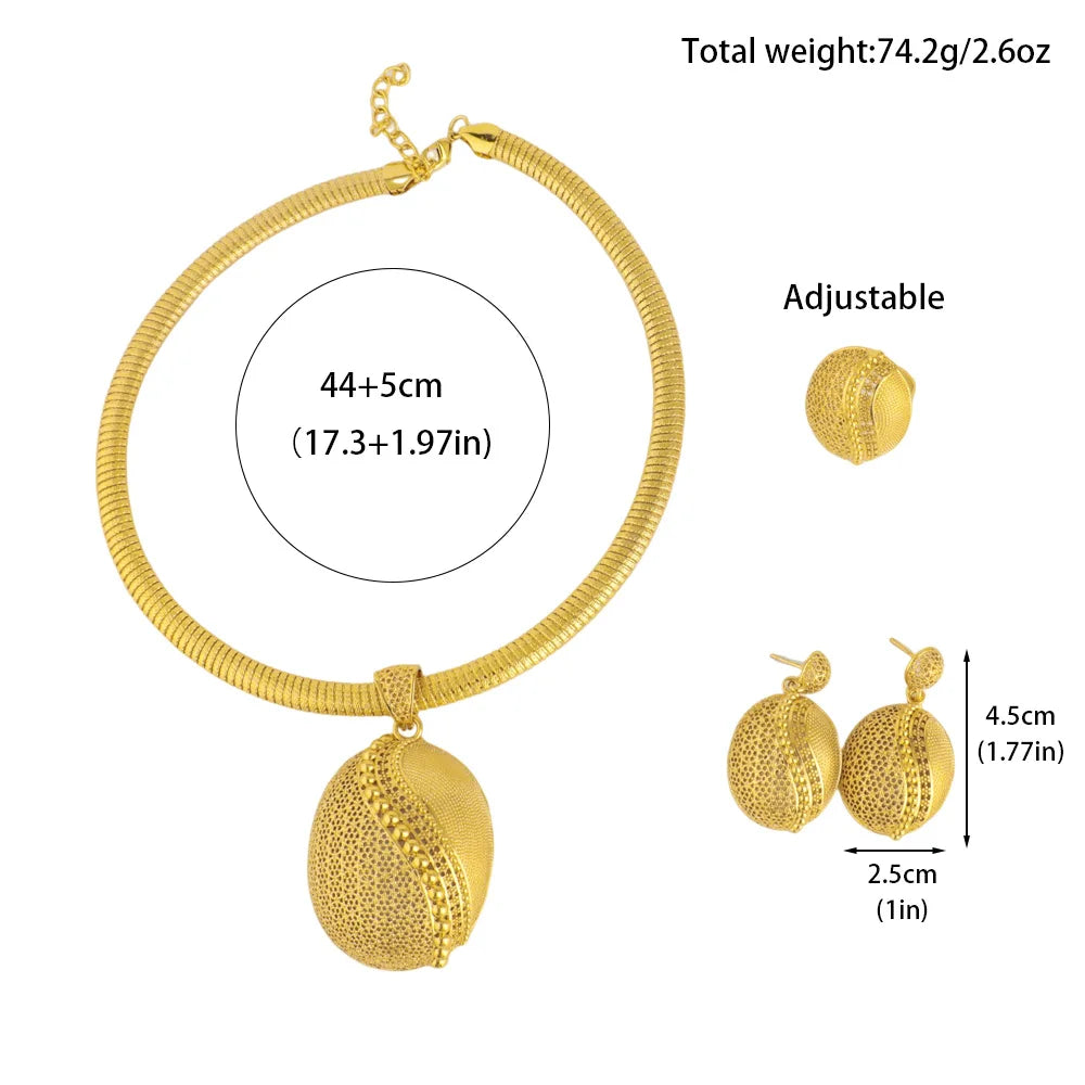 Luxury Shining Gold Color Necklace Earrings Ring Set for Women Round Water Drop Shape Jewelry Gift Party Wedding Banquet