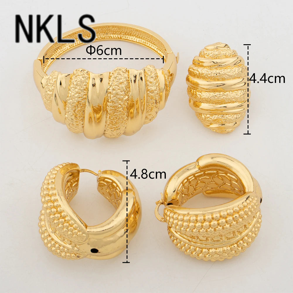 Luxury Hoop Earrings Cuff Bangle Fashion Ring Set African Gold Color Women's Jewelry Set Trendy Wedding Party Gift Jewellery Set