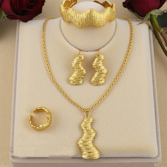 Dubai Trendy Gold Plated Woman Jewelry Sets Hight Quality Necklace Earrings Stainless Steel Bangle Ring Sets Bridal Accessories