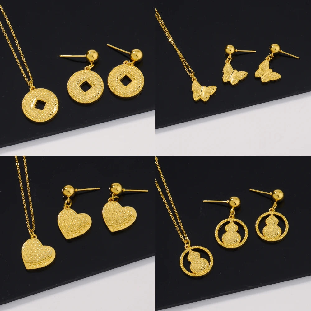 Pretty Girl Gold Color Trendy Four Jewelry Set Delicacy Earrings Clavicle Chain Set Shine Pendant Apply to Party Wedding Gift