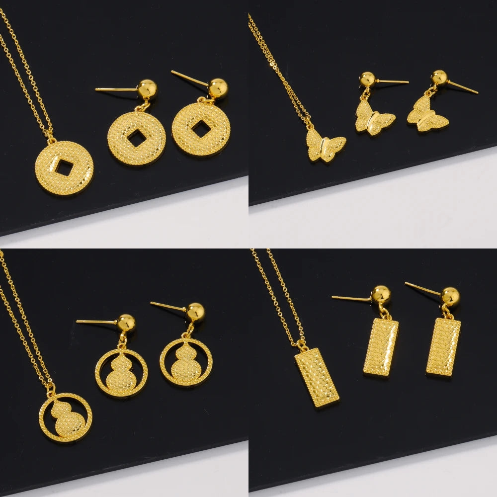 Pretty Girl Gold Color Trendy Four Jewelry Set Delicacy Earrings Clavicle Chain Set Shine Pendant Apply to Party Wedding Gift