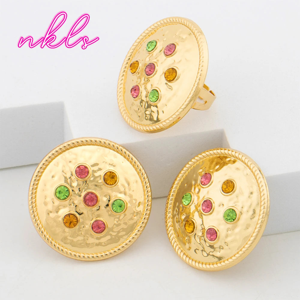 Dubai Round Jewelry Set for Women Luxury African Bangle Earrings Necklace Ring Wedding Party Gift earring set je