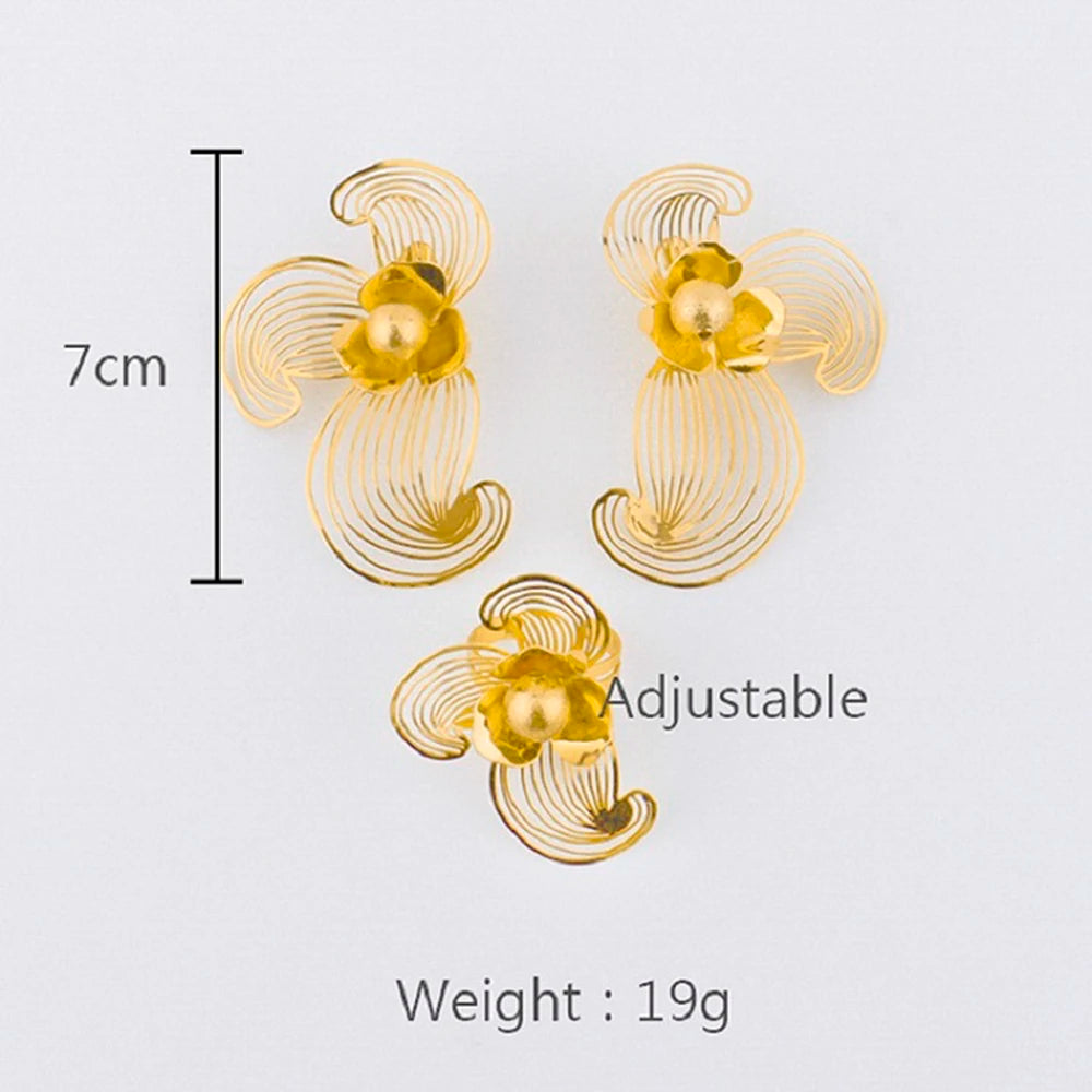 18K Gold Plated Vintage Flower Hollow Earrings & Ring Set, France Style Jewelry Gift for Women, Valentine's Day Party Accessorie