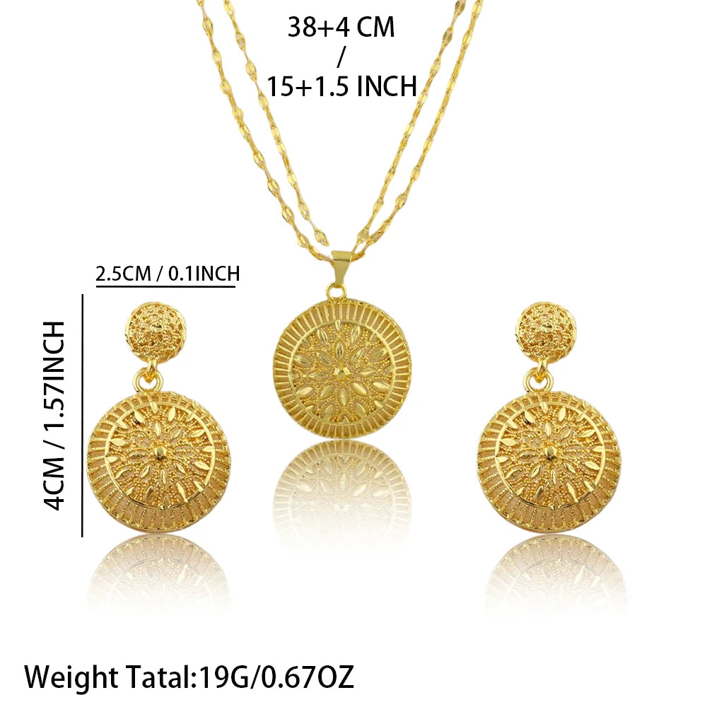 Gold Color Light Luxury Big Round Necklace Earrings Set for Women Tassels Gold Plated Jewelry Party Wedding Gift Accessoires