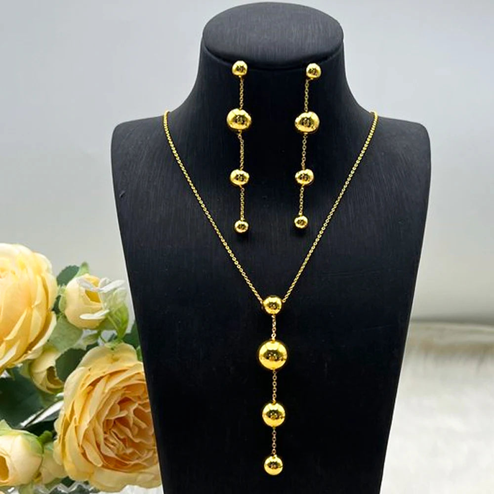 Stainless Steel Ball Shape Earrings Necklace to Women New Gold Color Fashion Jewelry Set For America Dubai Party Wedding Wearing