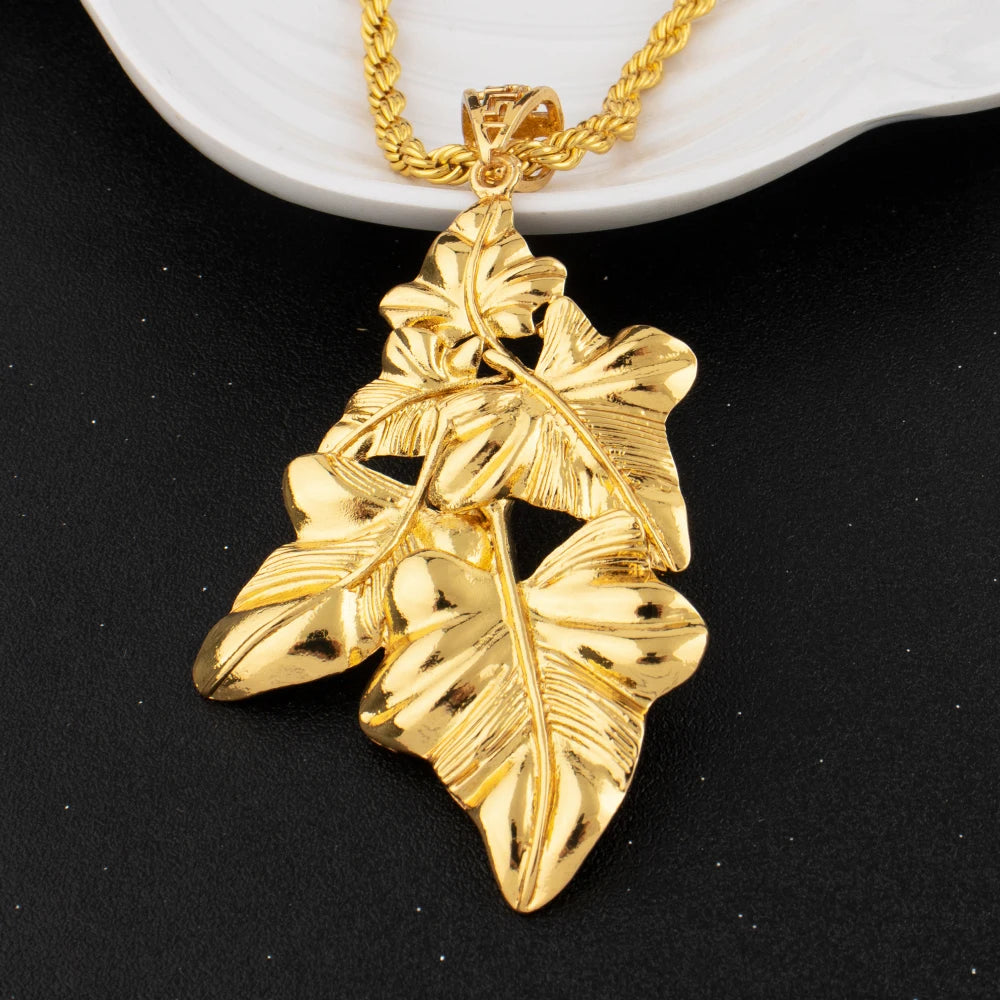 Saudi Arabia Gold Color Jewelry Set Ethiopia Women Luxury Long Chain Leaf Shape Earring Bangle Ring For Party Dating Gift