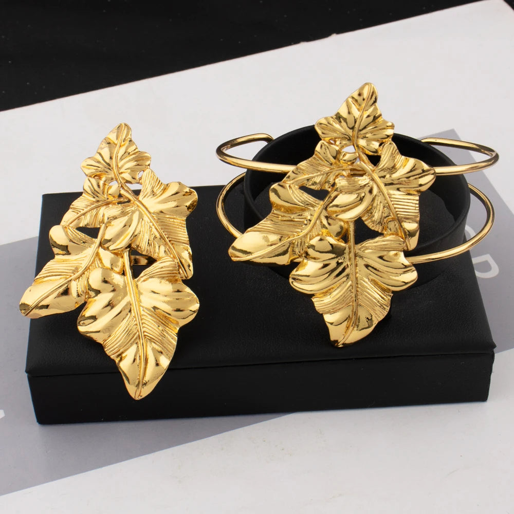 Saudi Arabia Gold Color Jewelry Set Ethiopia Women Luxury Long Chain Leaf Shape Earring Bangle Ring For Party Dating Gift