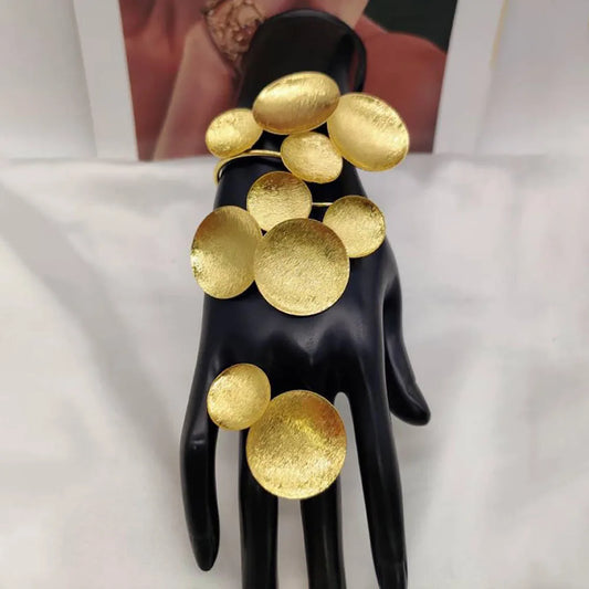 Exaggerate Bangle with Ring Jewelry Set for Dubai 18k Gold Color Cuff Bracelet Finger Ring 2Pcs Set for Engagement Nigerian