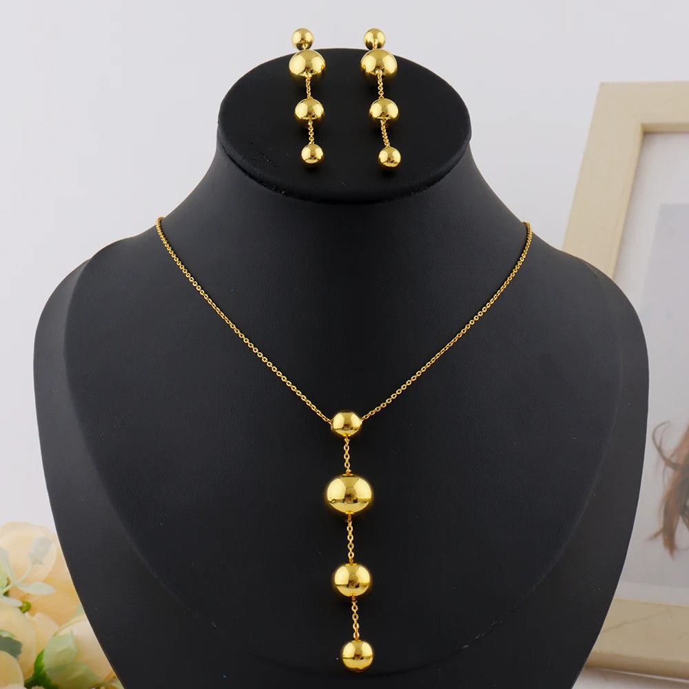 Stainless Steel Ball Shape Earrings Necklace to Women New Gold Color Fashion Jewelry Set For America Dubai Party Wedding Wearing
