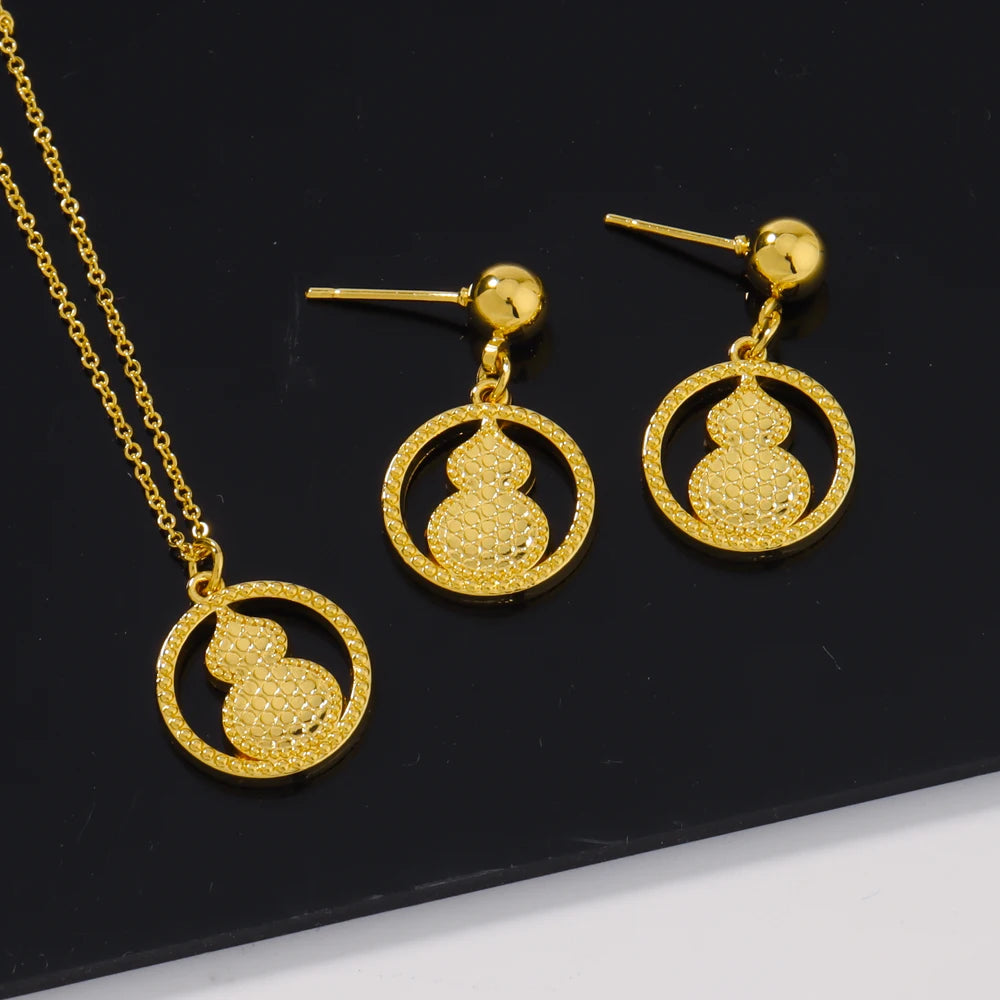 Gold Plated Women Earrings Clavicle Chain Set Gold Color Hollow Calabash Shape Pendant Light Delicacy Jewelry Party Birthday Gif