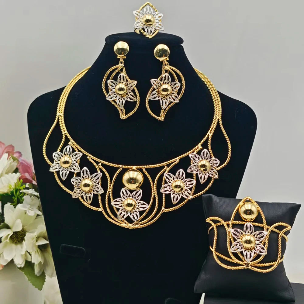 Dubai Jewelry Set For Women Gold Color Hollowed Out Earrings Flower Necklace Bangle Ring Nigeria Elegant Bride Party Easter Gift