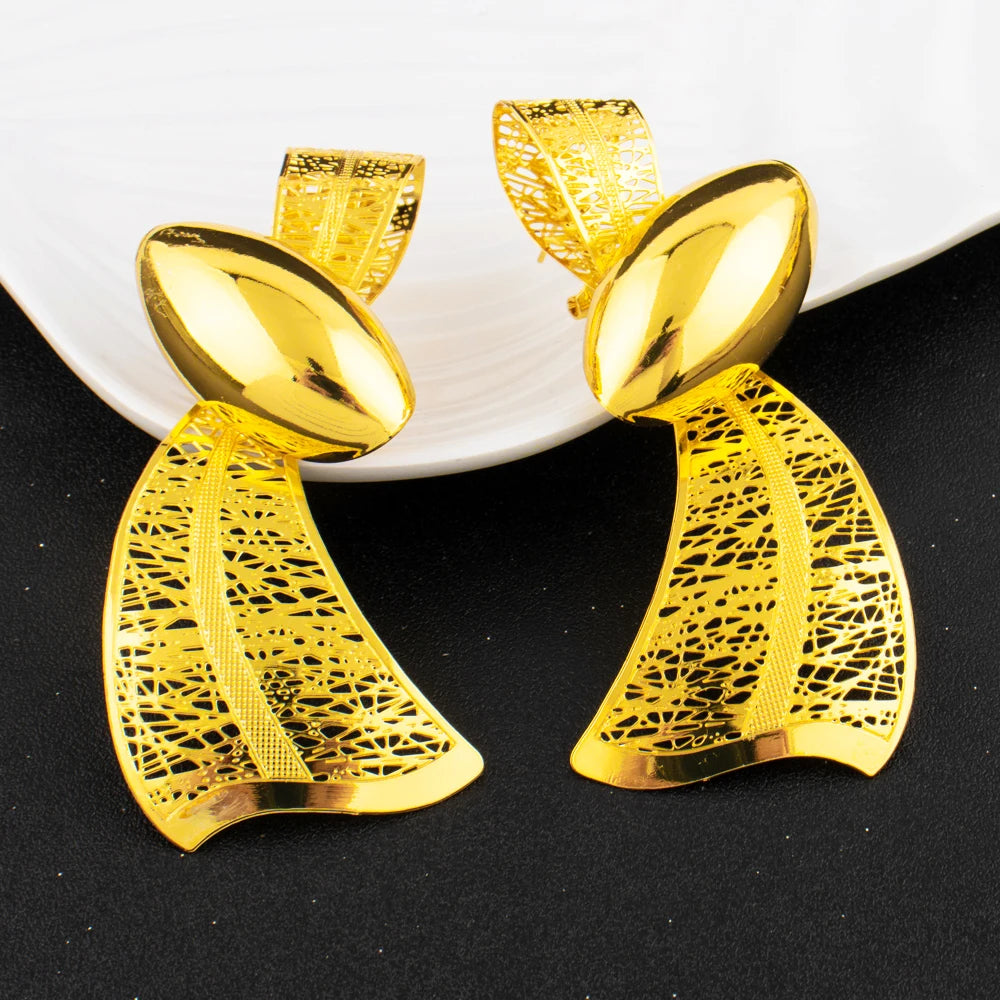 Luxury Ribbon Necklace Earrings for Women Dubai Arab Gold Color Water droplet Shape Waterproof Jewelry Set For Party Wedding