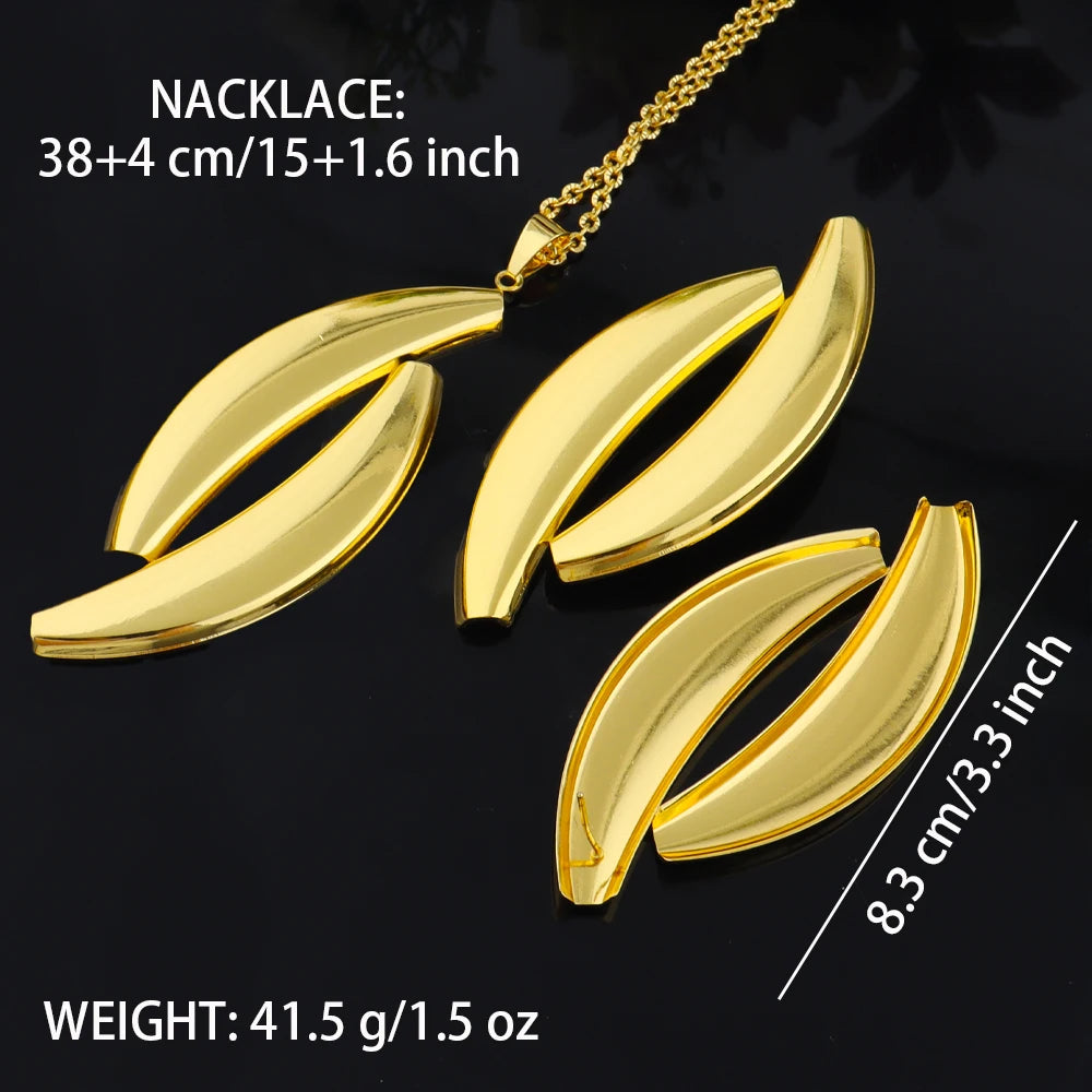Dubai 18K Gold Plated Moon Shape Necklace Earrings Set for Women Noble African Gold Color Party Wedding Banquet Jewelry Gift