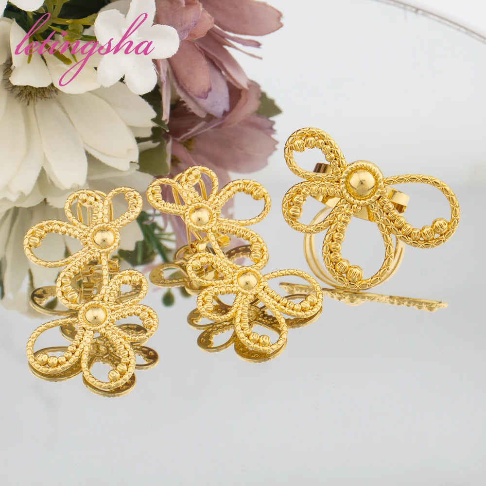 African Earrings Ring Set for Women Fashion Newest Jewelry Set Statement Dubai Luxury 18K Gold Plated Jewelry Set Party Gift