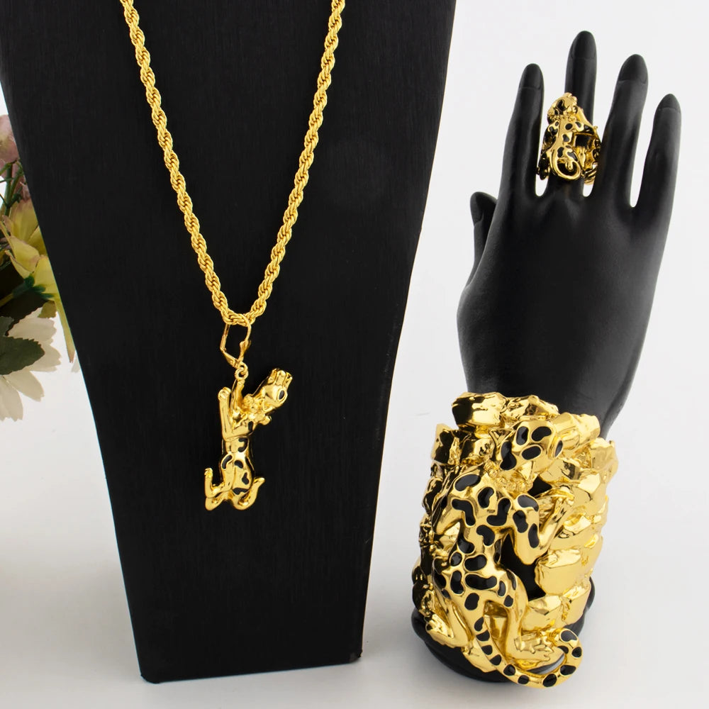 Luxury Gold Plated Domineering Exaggerated Leopard Shape Necklace Bracelet Ring Set for Women Dubai Jewelry Gift for Party