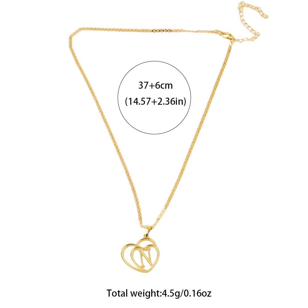 Women Gold Color Initial Alphabet Heart Pendant Charm Jewelry Stainless Steel Necklace Simple Clothing Accessories Party Gift