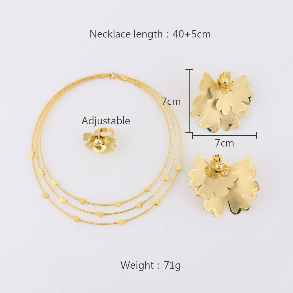 African Luxury Brilliant Flower Shaped Necklace Ring Earrings For Women 2025 New Style Fashion Design Jewelry Set For Party