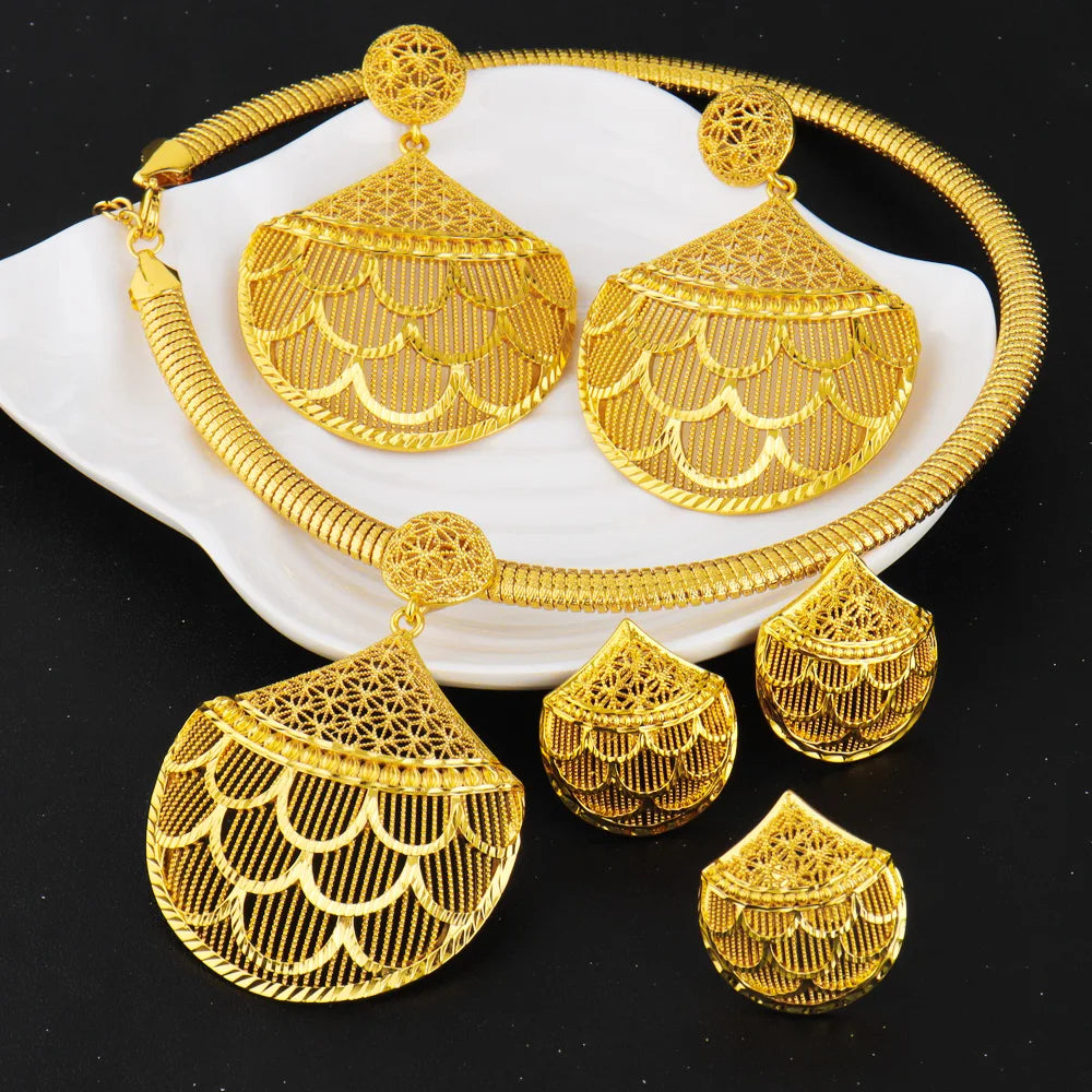 Royal Indian Flower Jewelry Set Stainless Steel Necklace Earrings Women Bridal Gift