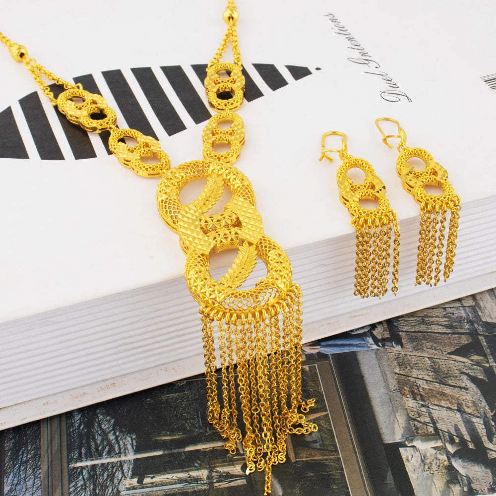 Dubai Luxury Gold Color Tassels Necklace Earrings Sets For Women Mid East India 8-Shaped  Jewelry Gifts For Party Mother