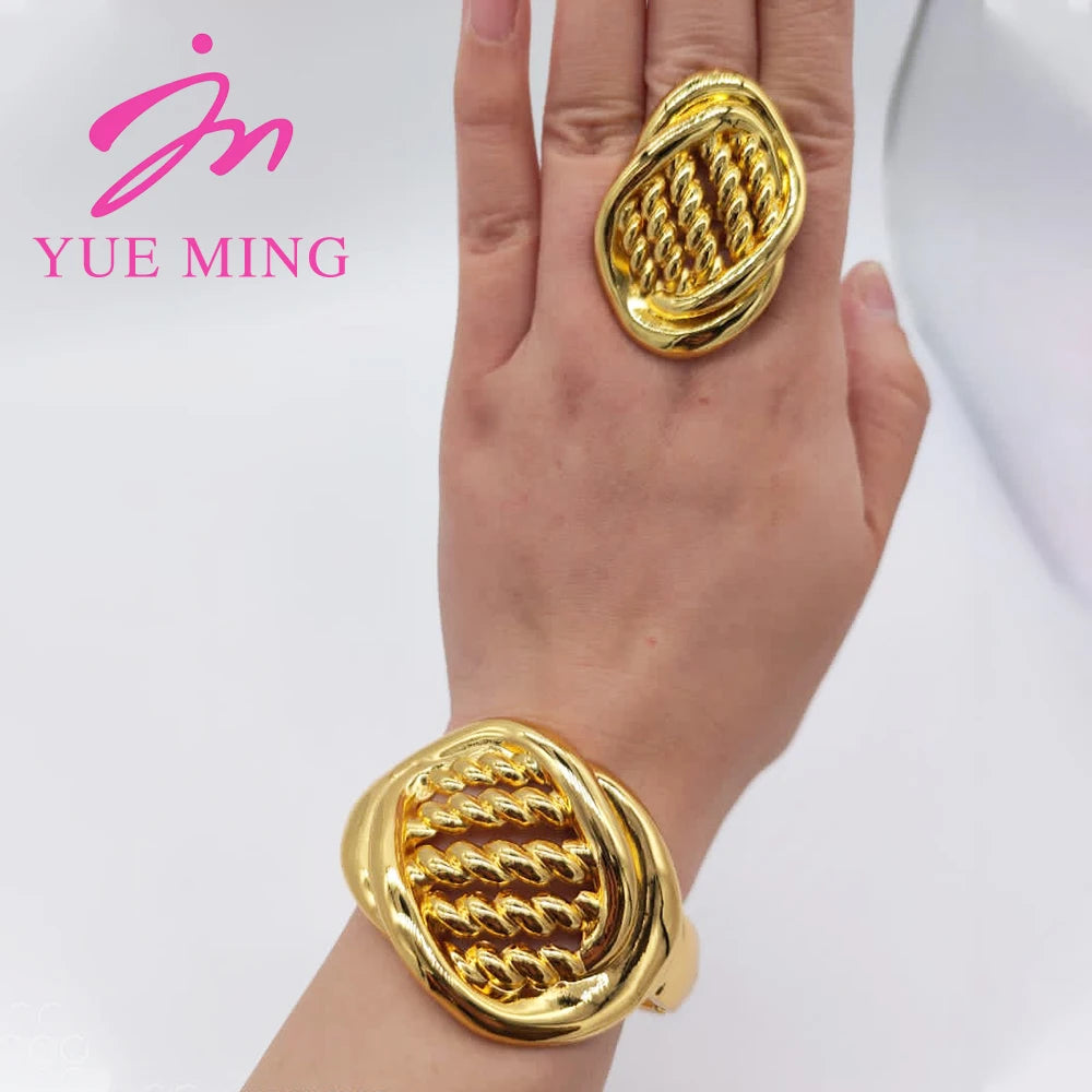 18K Gold Color Cuff Flower Bangle Ring For Women Moroccan France Dubai Luxury Copper Bracelet Jewelry Nigerian Party Wedding Gif